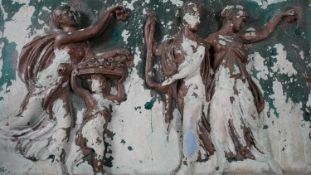 A distressed painted plaster relief panel, Classical robed female figures. H.74 W.102cm