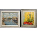 Oil on board, Bristol Bridge from Welsh Backs, signed and dated S W Nelson 1954 and a still life oil
