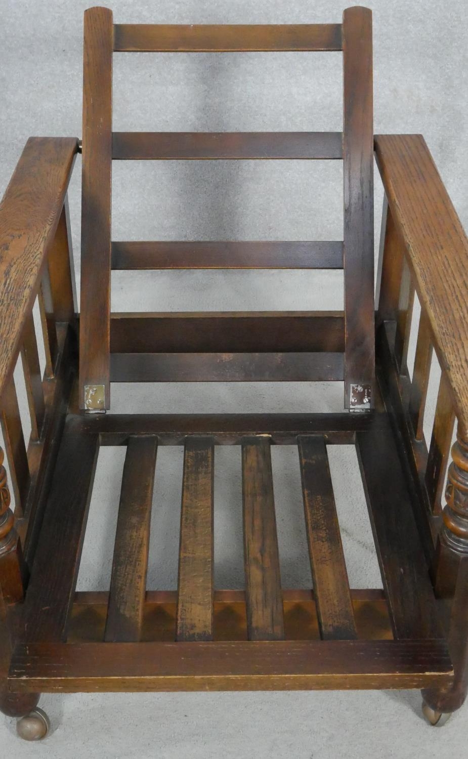 A pair of mid century oak framed armchairs with sliding reclining action newly upholstered in cut - Image 4 of 6