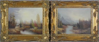 Two oils on canvas, Alpine landscapes in ornate gilt frames. H.30 W.34cm