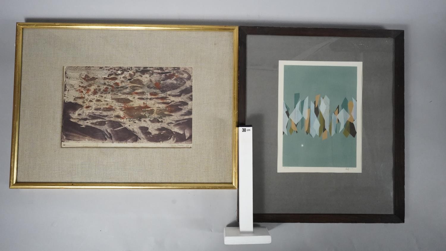 A signed mixed media, rock formations, Flavia Irwin (RA) and an etching, geometric abstract - Image 7 of 13