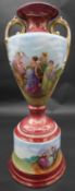 A Victorian transfer printed and gilded two handled Classical style urn on round column base.