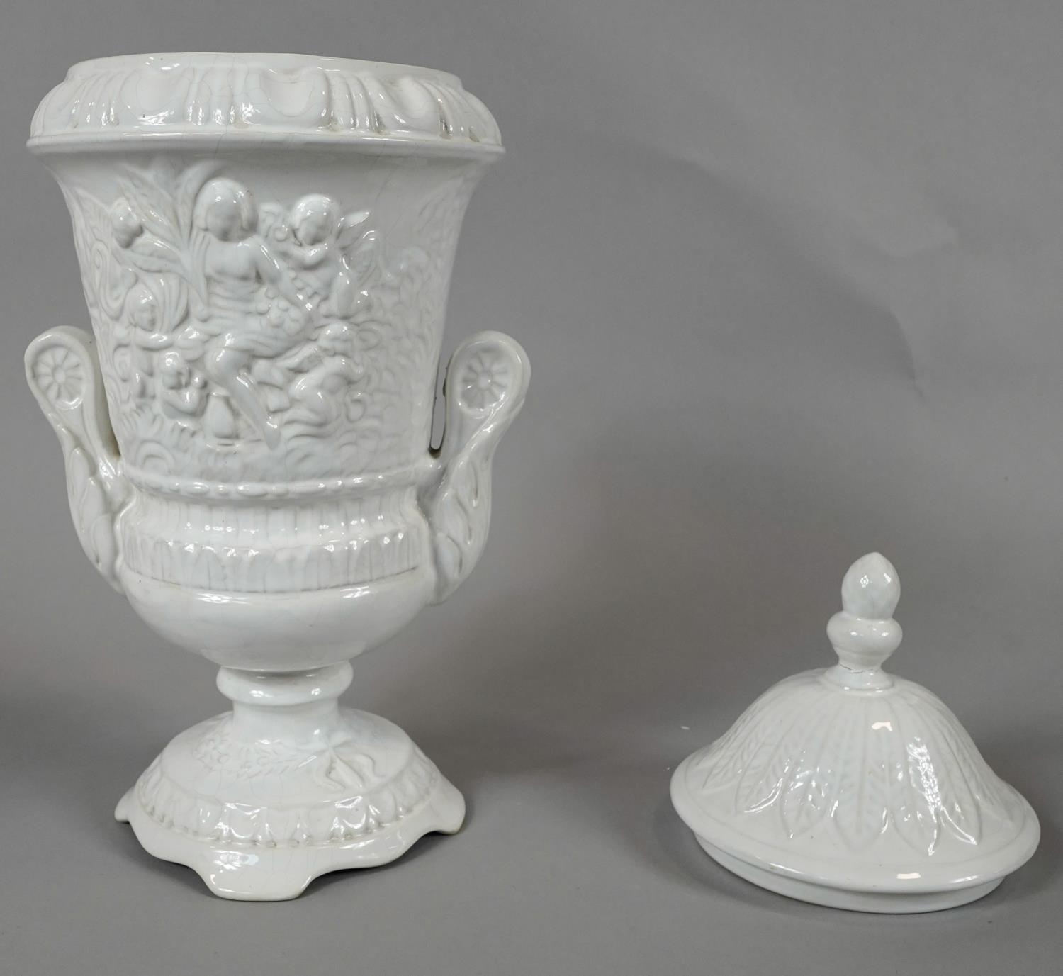 A Pereiras ceramic Portuguese white glazed Classical design two handled lidded urn. Makers stamp - Image 4 of 6