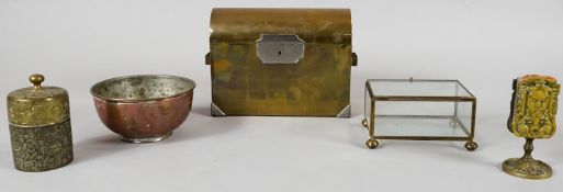 A brass and steel domed top casket along with other brass items to include a miniature vitrine,