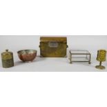 A brass and steel domed top casket along with other brass items to include a miniature vitrine,