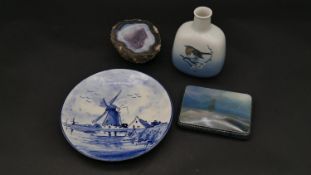 A Royal Copenhagen robin vase, a painted and lacquered signed Russian box with sailing ship