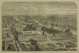 A framed and glazed 19th century engraving of a Panoramic view of Paris, with the Louvre and the Rue