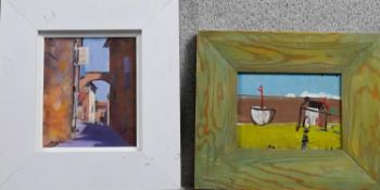 Oil on paper, Midday Sun, Lacoste, signed Sheila Goodman and an oil on panel, Cottage and Boats,
