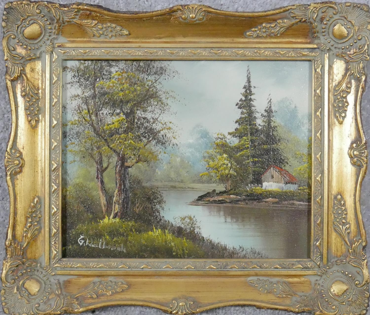 Three oils on canvas, Alpine landscapes in ornate gilt frames.H.30 W.34cm - Image 12 of 13