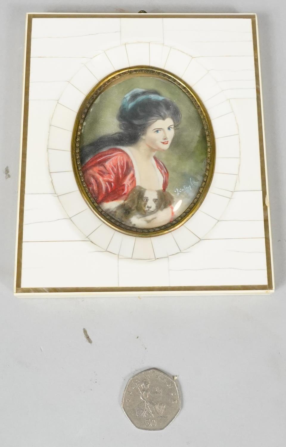 A 19th century ivory mosaic and mother of pearl framed miniature on ivory, depicting a young lady in - Image 2 of 6