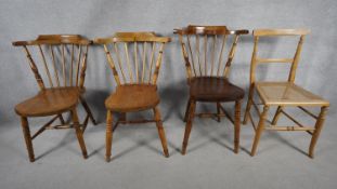 Three elm stick back kitchen chairs and a 19th century beech bedroom chair. H.82cm