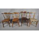 Three elm stick back kitchen chairs and a 19th century beech bedroom chair. H.82cm