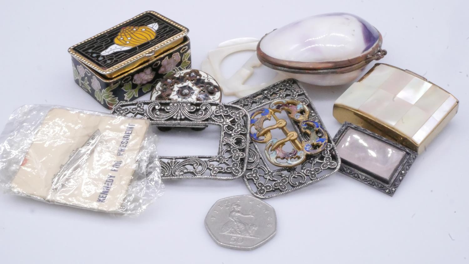 A collection of buckles, boxes and other items. Including A cut steel French buckle, a shell box, an - Image 7 of 7