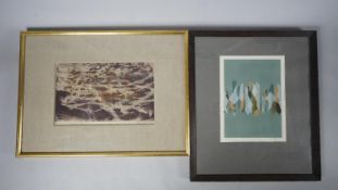 A signed mixed media, rock formations, Flavia Irwin (RA) and an etching, geometric abstract