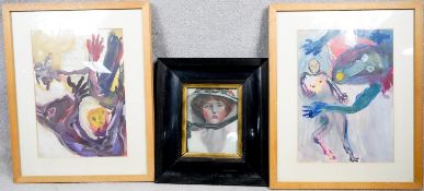 A pair of expressionist figural studies, acrylic on paper, and a framed oil on board, female