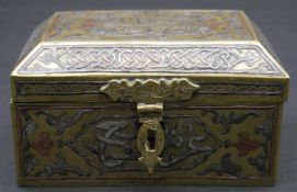 A vintage Cairo ware, brass, copper and silver inlaid and engraved miniature chest with catch,