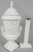 A Pereiras ceramic Portuguese white glazed Classical design two handled lidded urn. Makers stamp