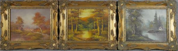 Three oils on canvas, Alpine landscapes in ornate gilt frames.H.30 W.34cm
