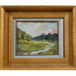 A framed oil on board, Impressionist riverscape, indistinctly signed. H.35 W.41cm