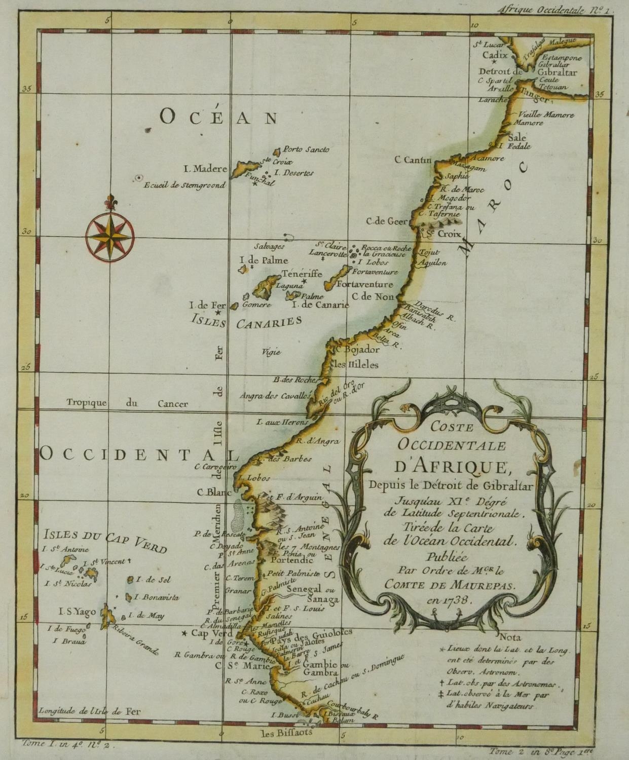 Two framed and glazed 18th century maps. One titled 'Coste Occidentale d'Afrique, depuit le - Image 5 of 9