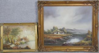 A gilt framed oil on canvas, Alpine landscape and a similar painting. H.65 W.74cm (largest)