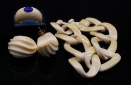 A suite of Victorian carved ivory jewellery including a carved ivory and lapis lazuli ring stamped