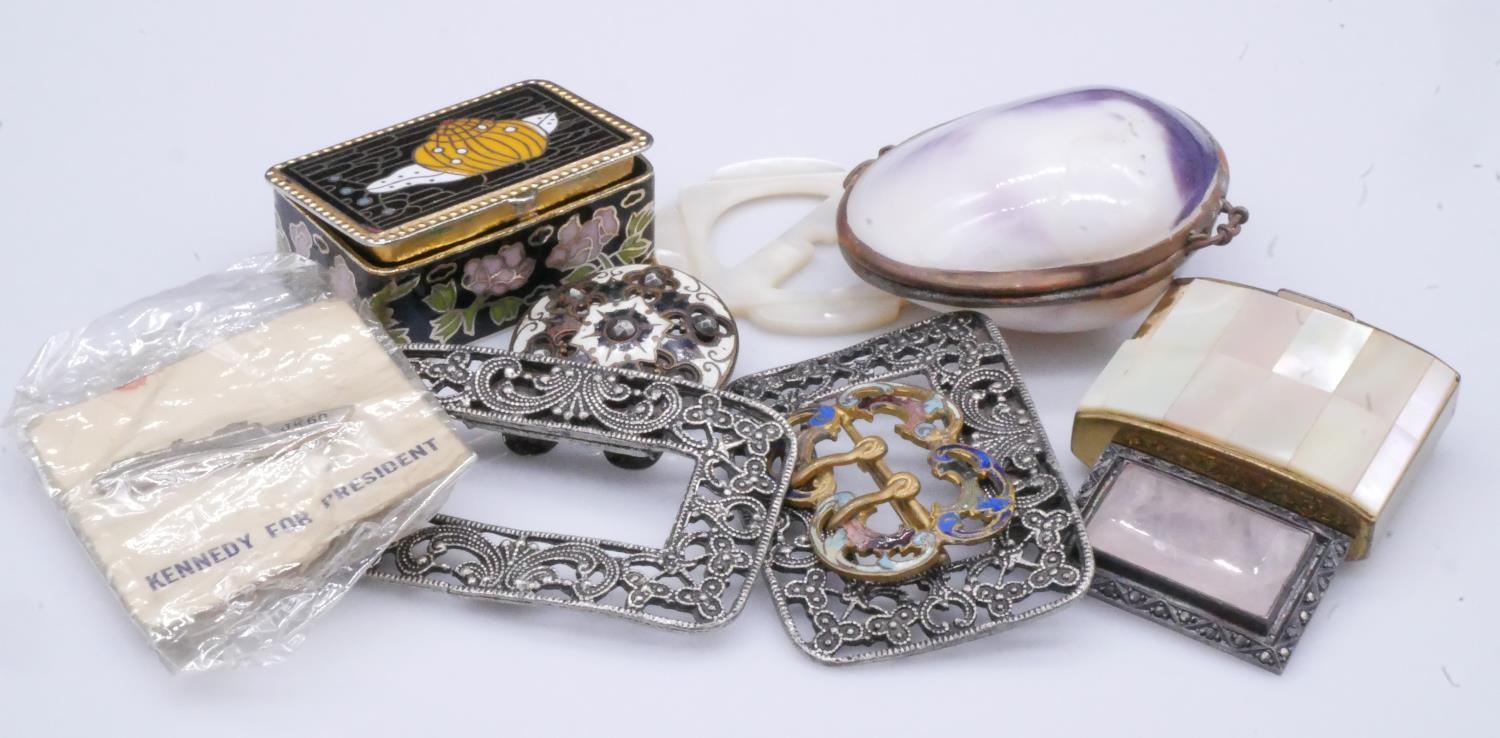 A collection of buckles, boxes and other items. Including A cut steel French buckle, a shell box, an