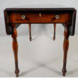 A 19th century mahogany drop flap Pembroke table with frieze drawer on turned tapering supports. H.