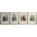 Four framed and glazed antique hand coloured engravings depicting plates from the French fashion