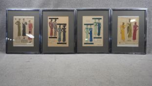 Four framed and glazed vintage hand coloured French fashion plates, depicting various dress