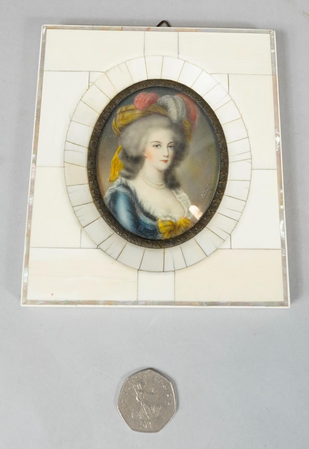 A 19th century ivory mosaic and mother of pearl framed miniature on ivory, depicting a young lady in - Image 2 of 5