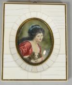 A 19th century ivory mosaic and mother of pearl framed miniature on ivory, depicting a young lady in