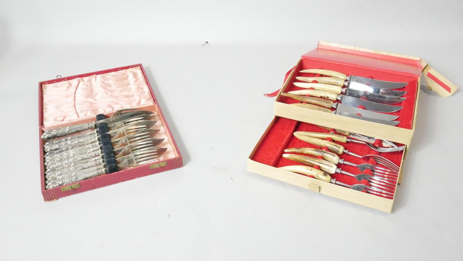A leather effect cased repousse floral design silver handled six person fish cutlery set and a boxed - Image 2 of 8