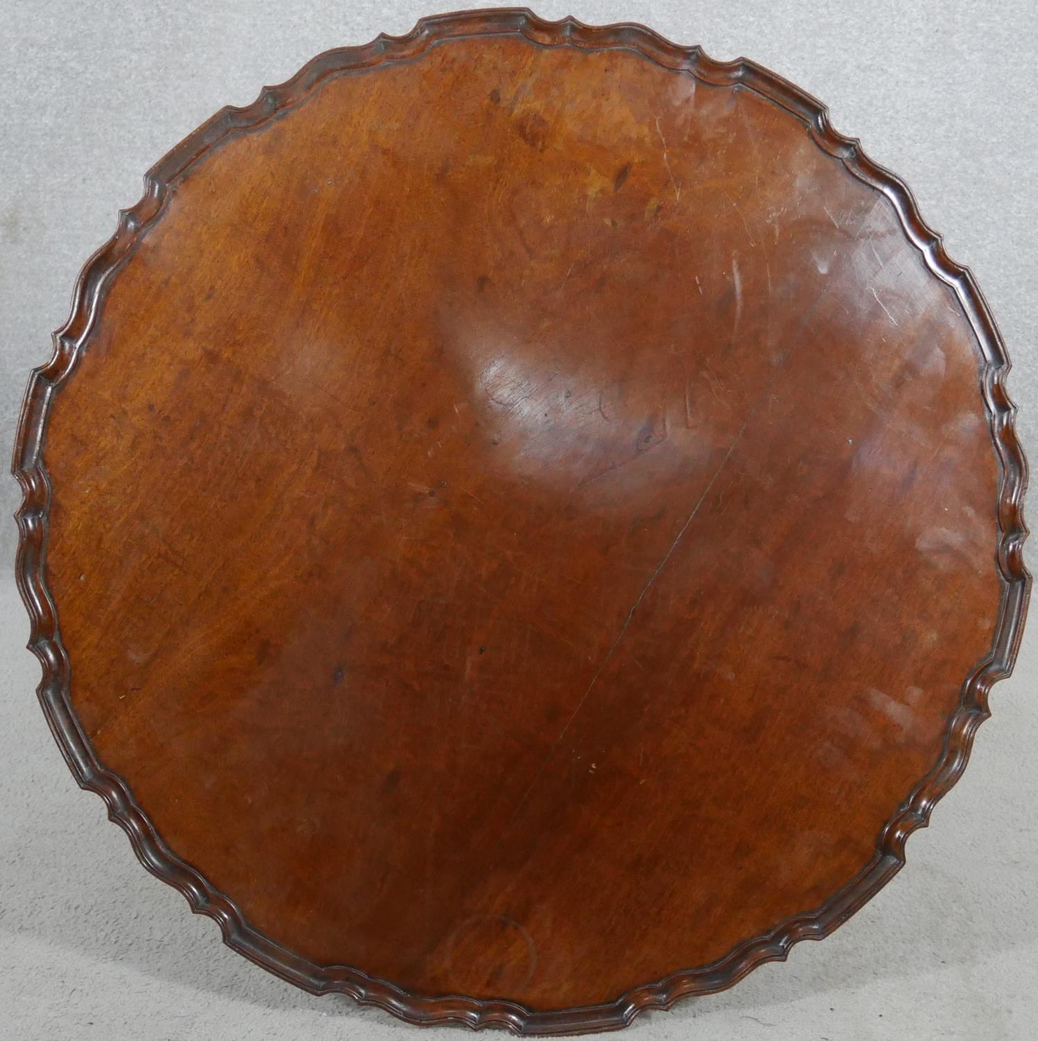 A Georgian style mahogany tilt top occasional table with pie crust edge on husk carved turned - Image 3 of 10