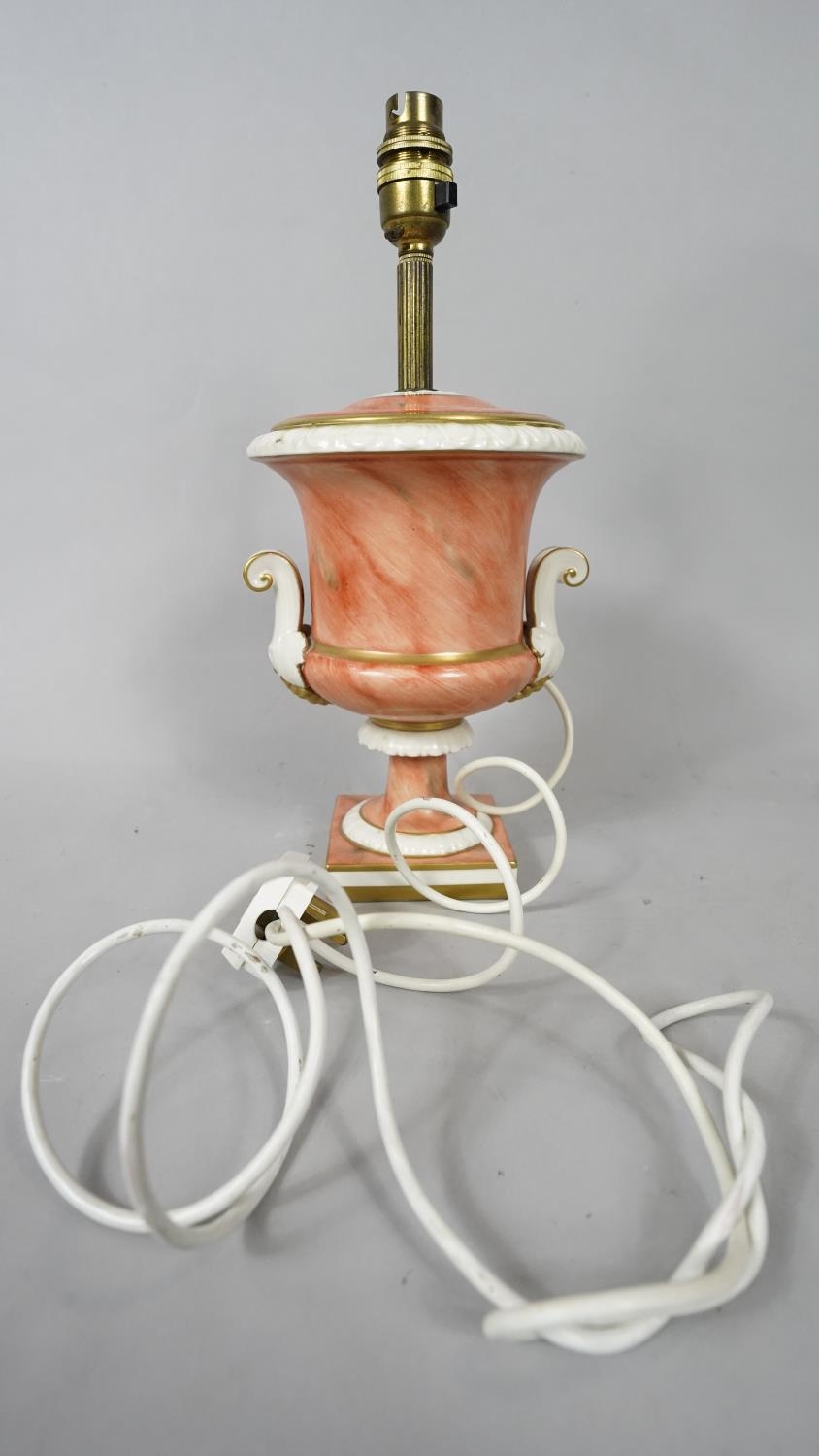 Two vintage gilded and hand painted orange marble effect two handled urn design table lamps. One - Image 2 of 16