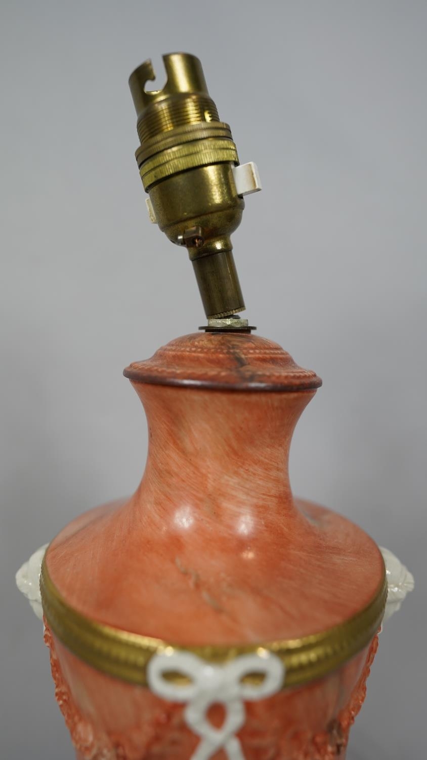 Two vintage gilded and hand painted orange marble effect two handled urn design table lamps. One - Image 12 of 16