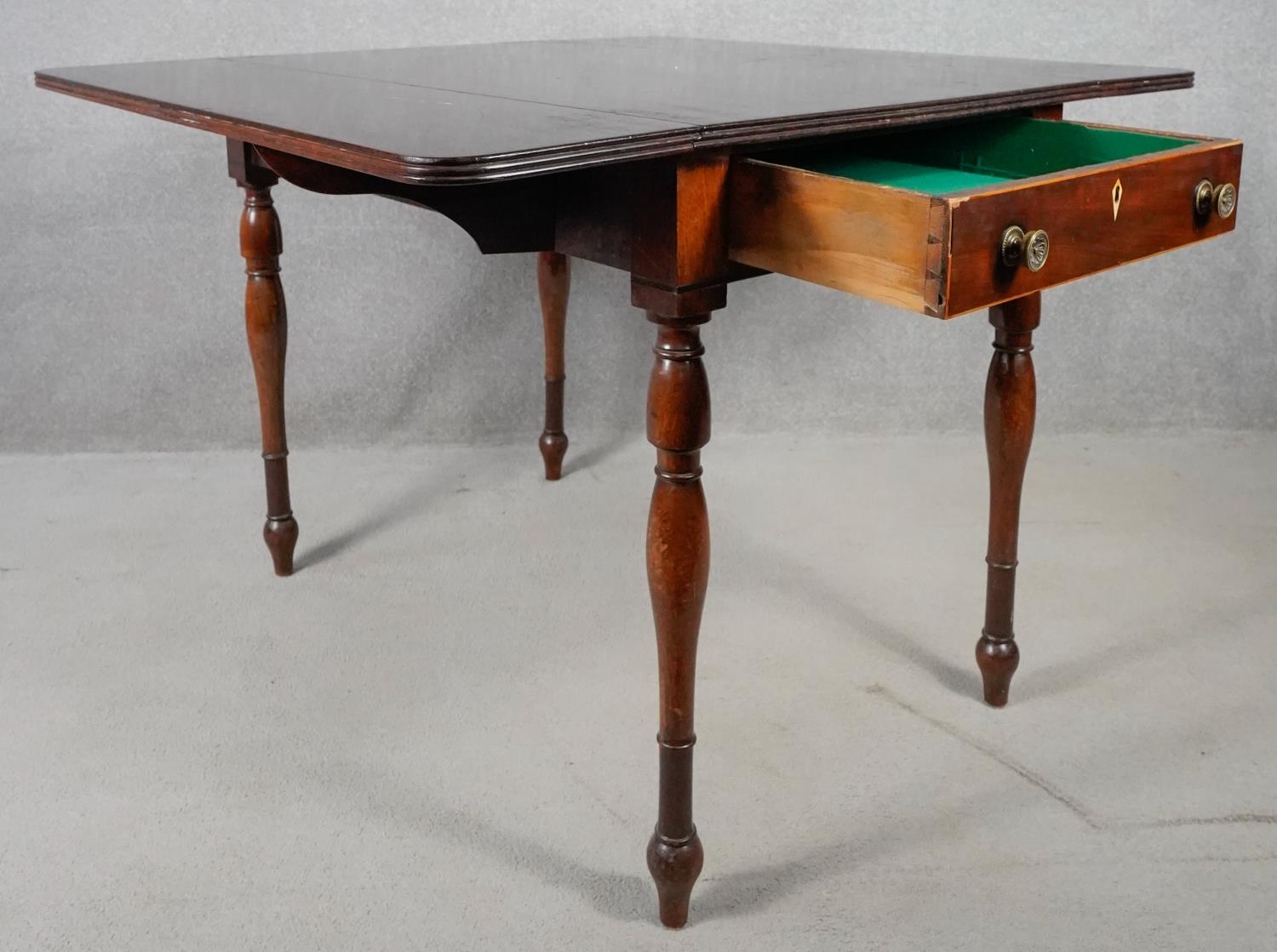 A 19th century mahogany drop flap Pembroke table with frieze drawer on turned tapering supports. H. - Image 4 of 7