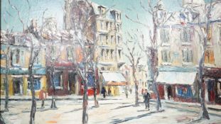 George Hann (1900 - 1979) A framed oil on canvas depicting a snowy town square scene. Signed by