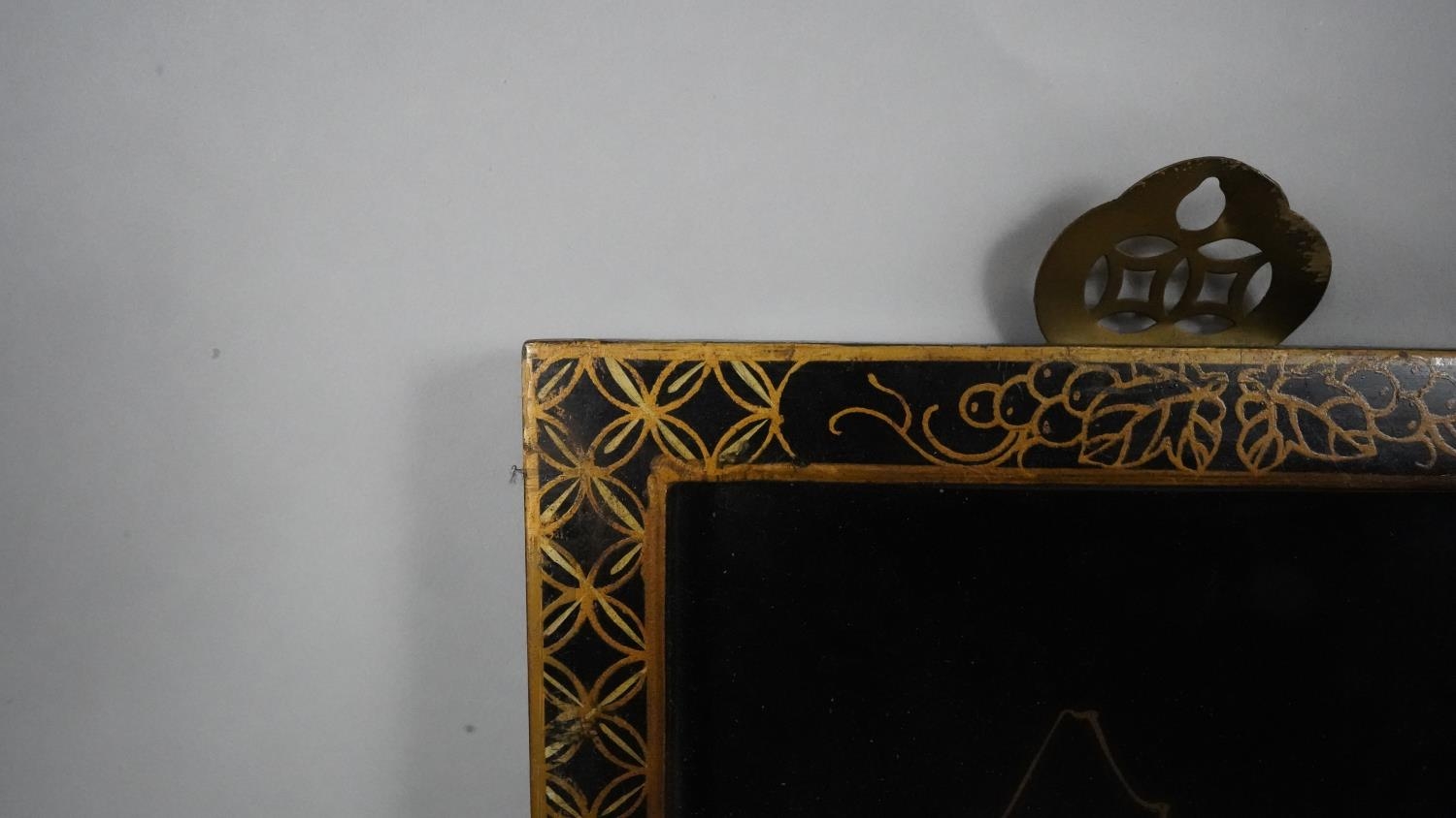 Two vintage Japanese lacquered wooden plaques with gilded borders, mounted with bone and mother of - Image 3 of 8