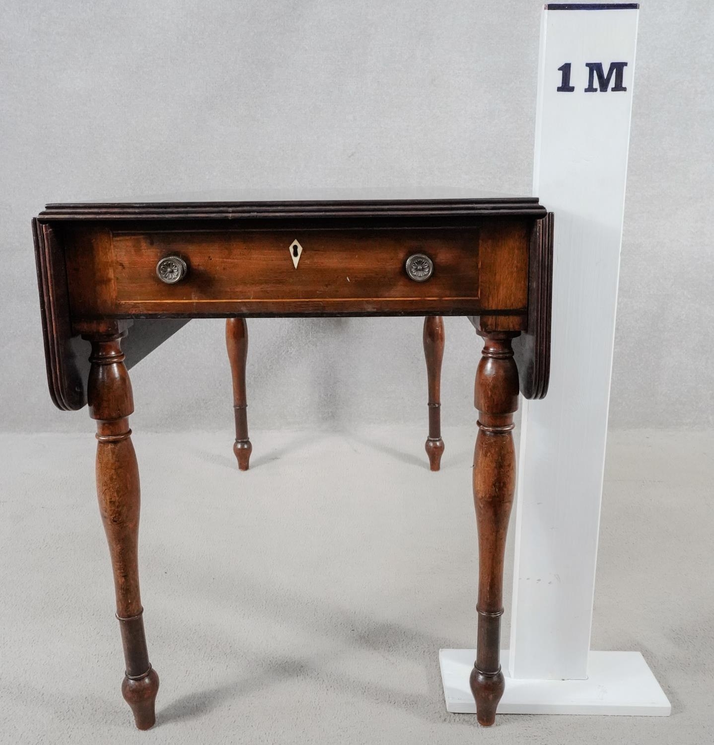 A 19th century mahogany drop flap Pembroke table with frieze drawer on turned tapering supports. H. - Image 7 of 7