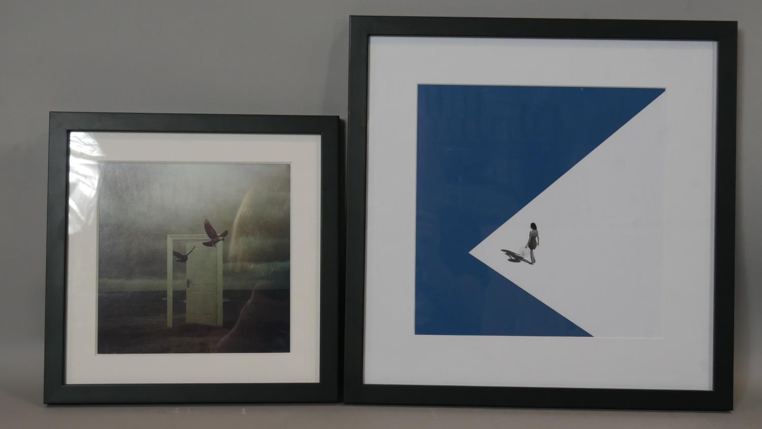 Two framed and glazed abstract prints, one with an door with crows and the other with a lone