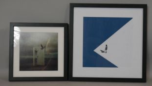 Two framed and glazed abstract prints, one with an door with crows and the other with a lone