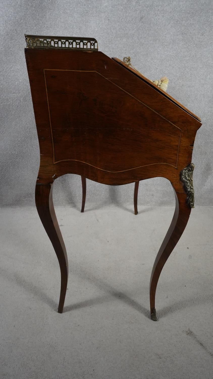 A late 19th century rosewood Louis XV style bureau de dame with pierced brass back rail and fall - Image 5 of 8
