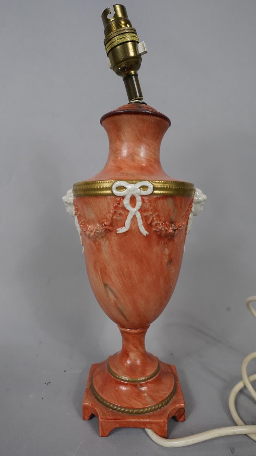 Two vintage gilded and hand painted orange marble effect two handled urn design table lamps. One - Image 11 of 16