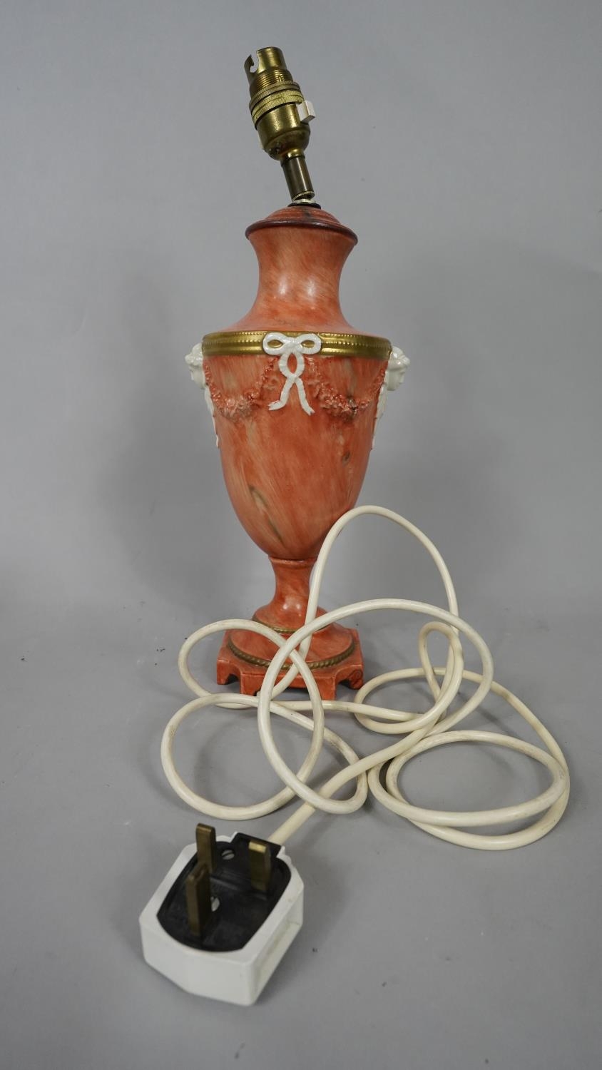 Two vintage gilded and hand painted orange marble effect two handled urn design table lamps. One - Image 10 of 16