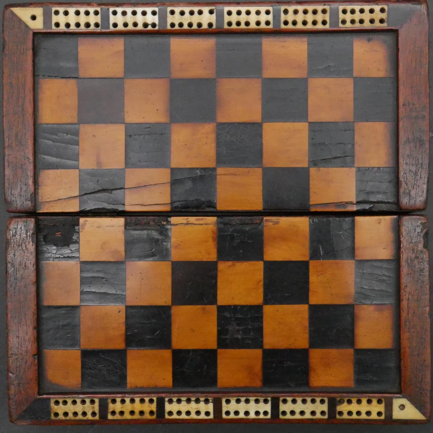 A Victorian inlaid wood and ivory travelling draughts/cribbage game board, with a pack of cards, - Image 2 of 8