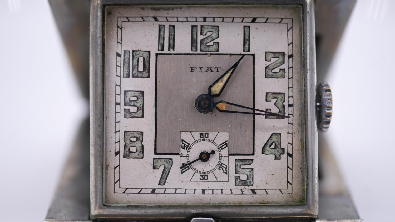 An Art Deco square metal Fiat Swiss ladies purse clock, with two dials and illuminated numbers, - Image 2 of 7