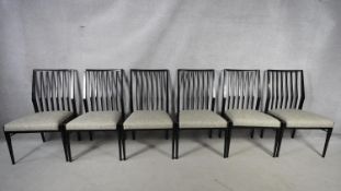 A set of six 1950's vintage ebonised dining chairs by A J Milne for Heal's. H.92 W.50