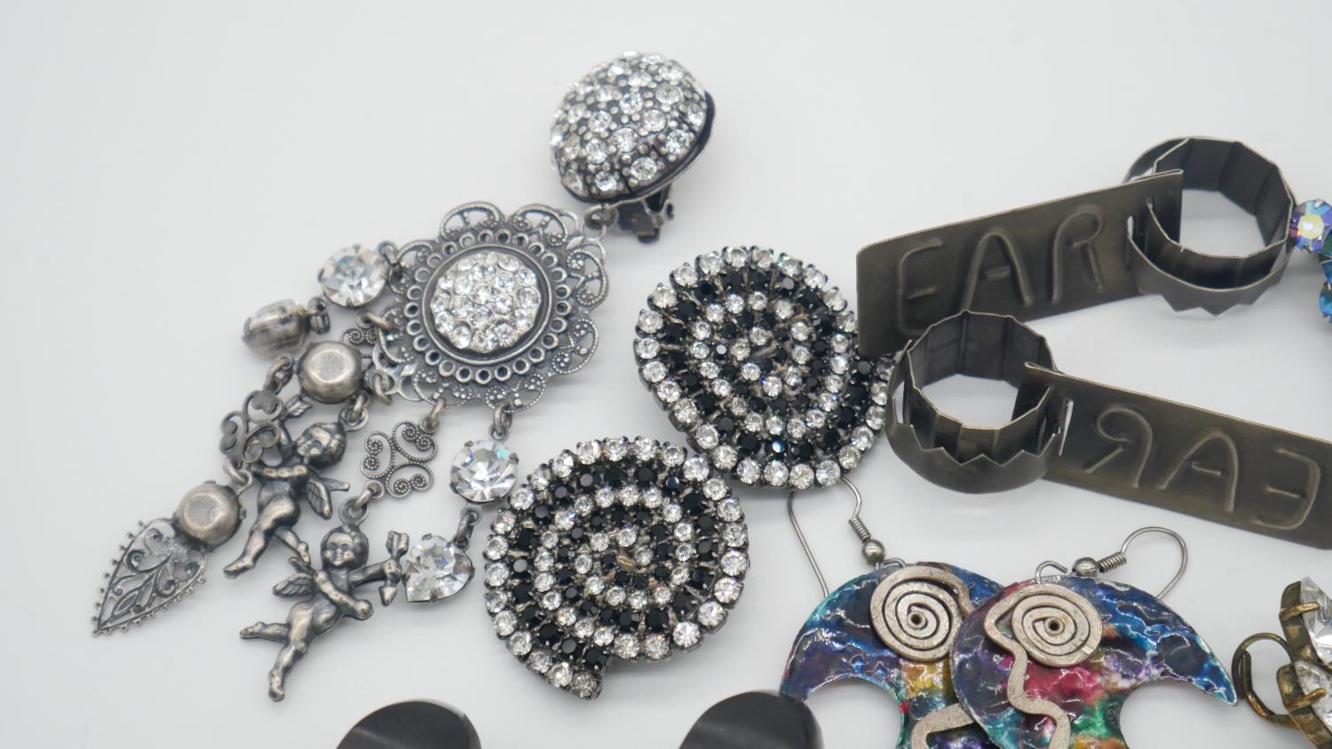 A collection of nine pairs of costume and statement earrings. Including two pairs of crystal set - Image 2 of 7