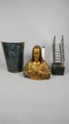 Metal items, a miniature staircase, a wall light with figural Classical style relief decoration